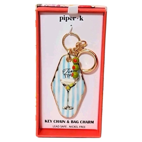 Tini Time Martini Glass Keychain Retro Cocktail Bag Charm Blue Stripe Olives NIB - Picture 1 of 2